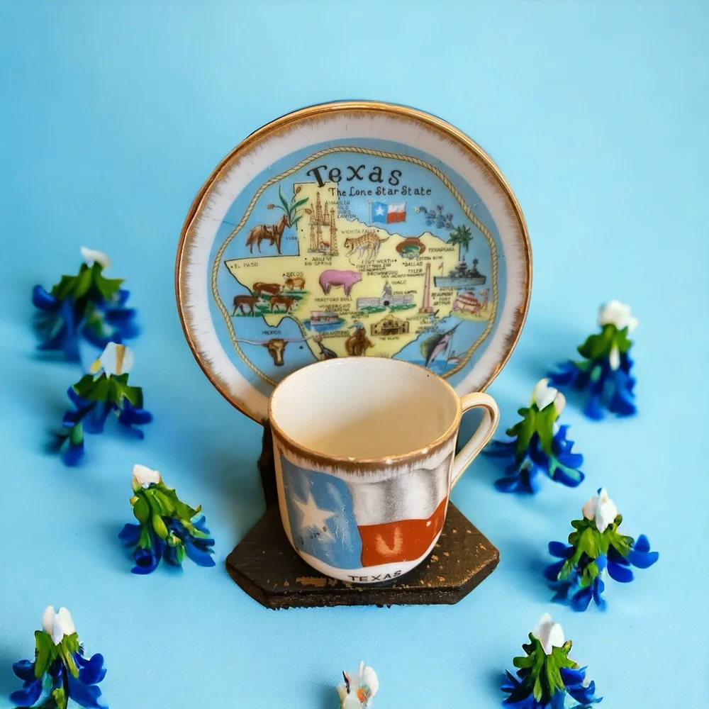 VTG Texas Souvenir Miniature Cup Saucer Set Gold Trim Japan Porcelain